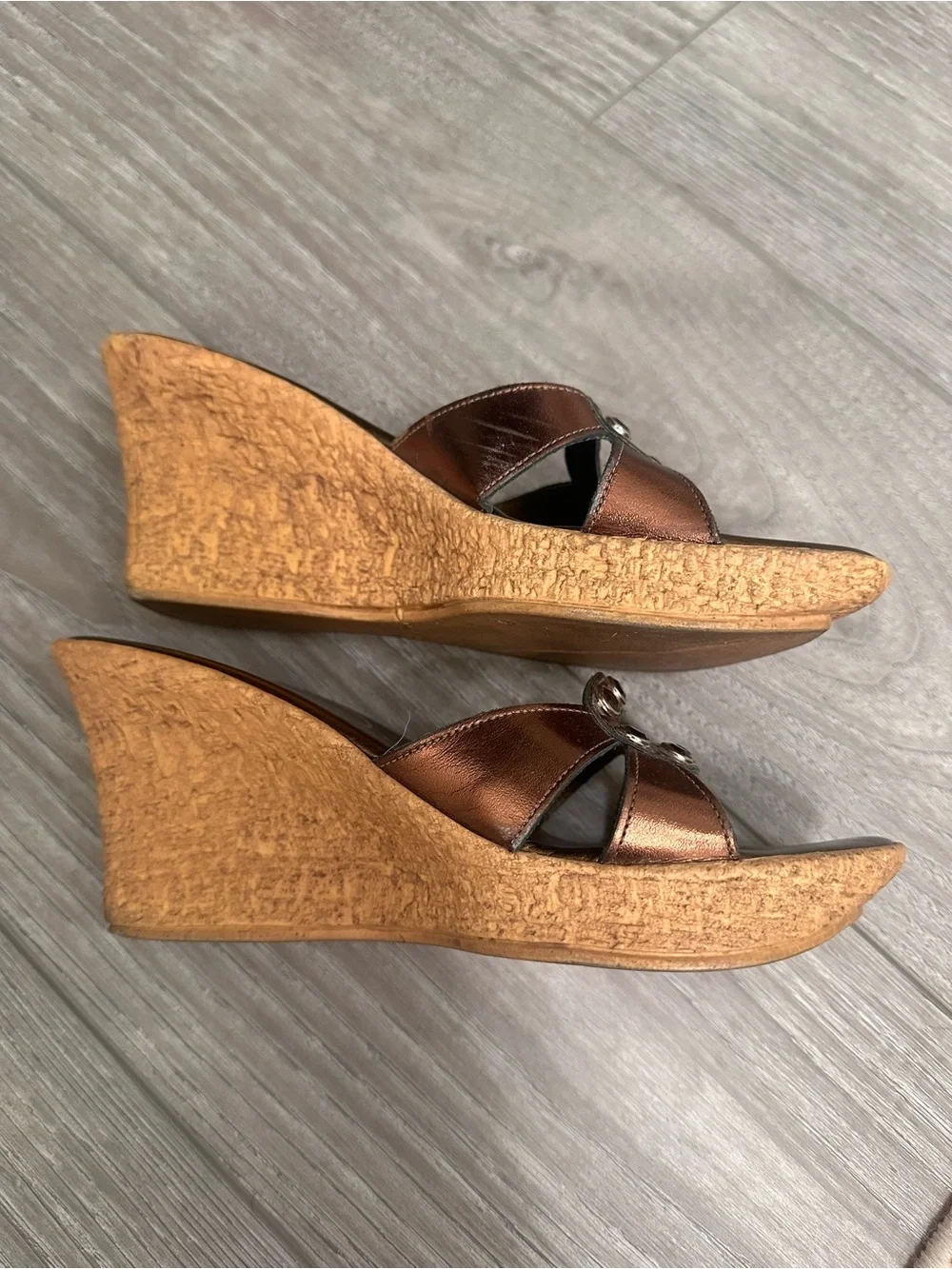 Athena Alexander Bronze Metallic Wedge Slide Sandals with Amber Accents